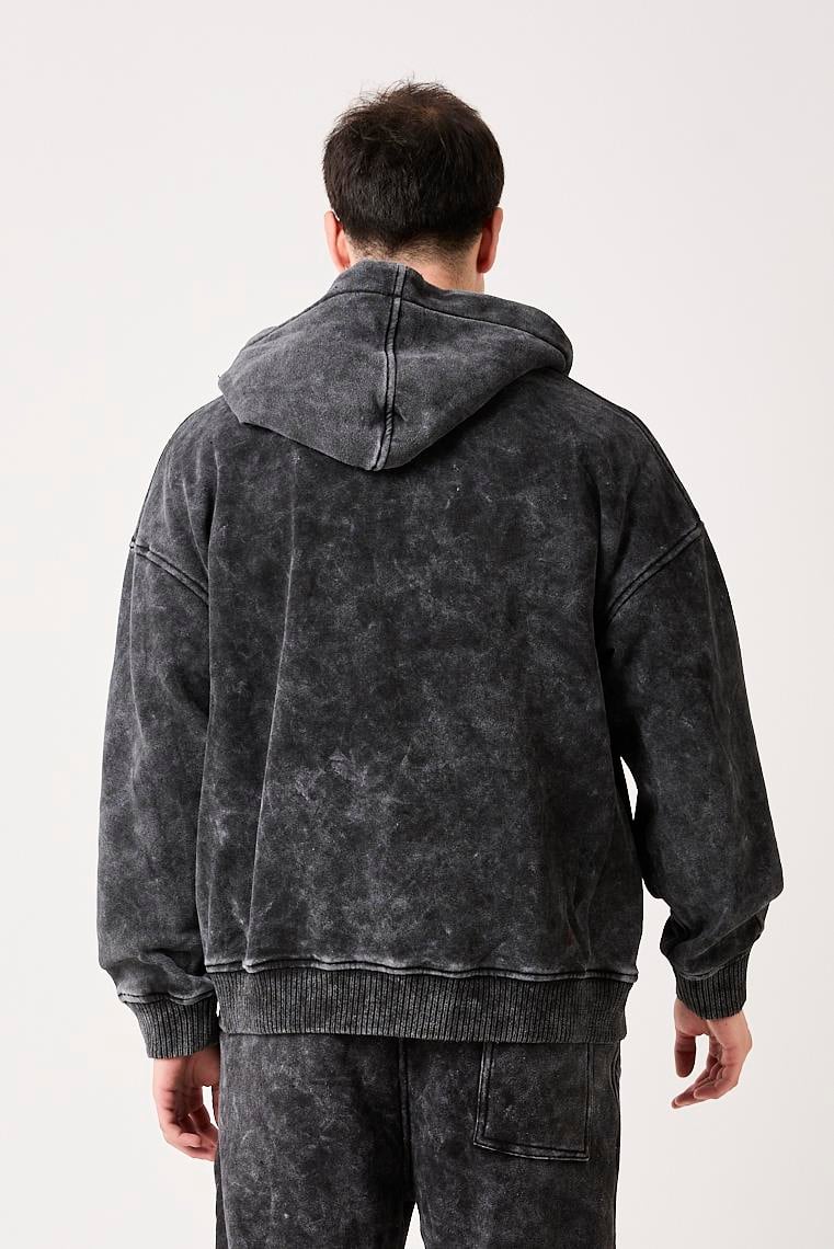 X-2002 Kapüşonlu Fermuarlı Yıkama Detaylı Üç İp Şardonlu Sweatshirt