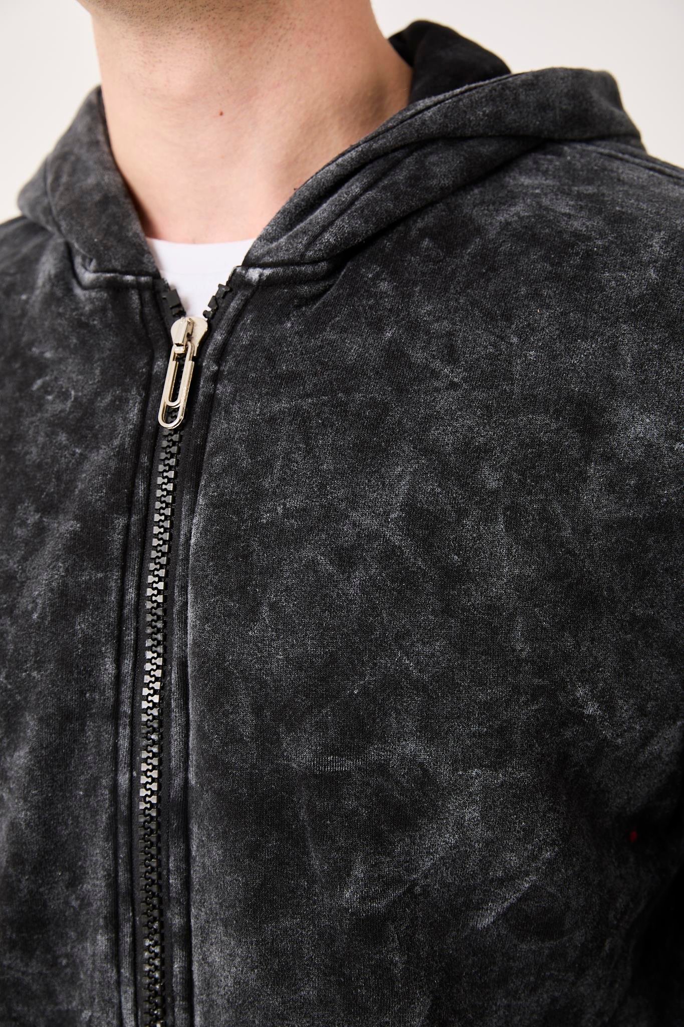 X-2002 Kapüşonlu Fermuarlı Yıkama Detaylı Üç İp Şardonlu Sweatshirt