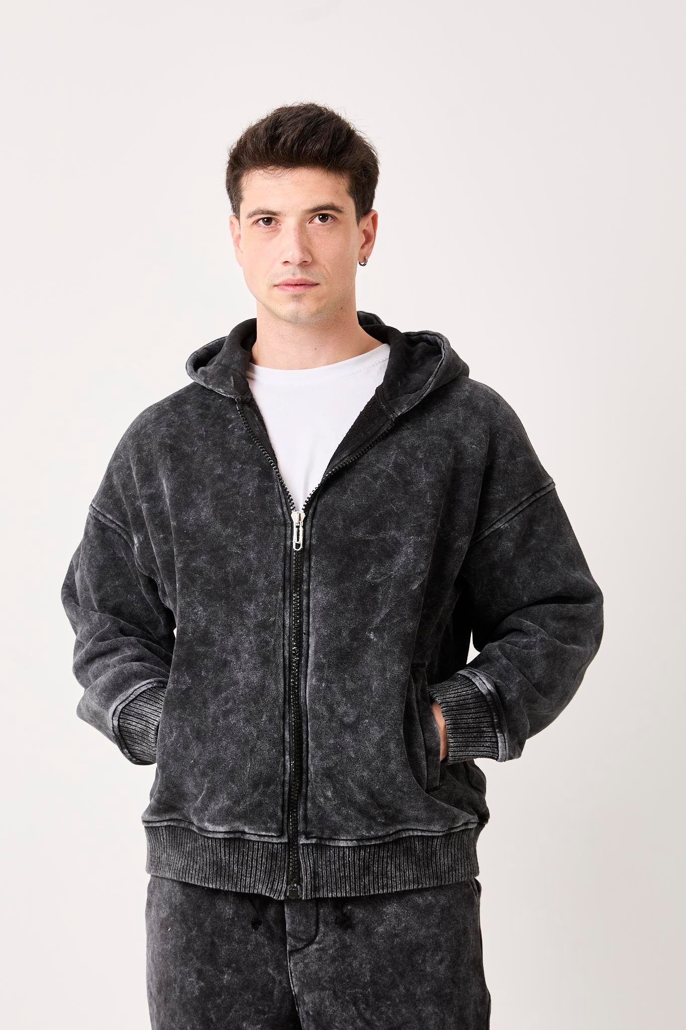 X-2002 Kapüşonlu Fermuarlı Yıkama Detaylı Üç İp Şardonlu Sweatshirt