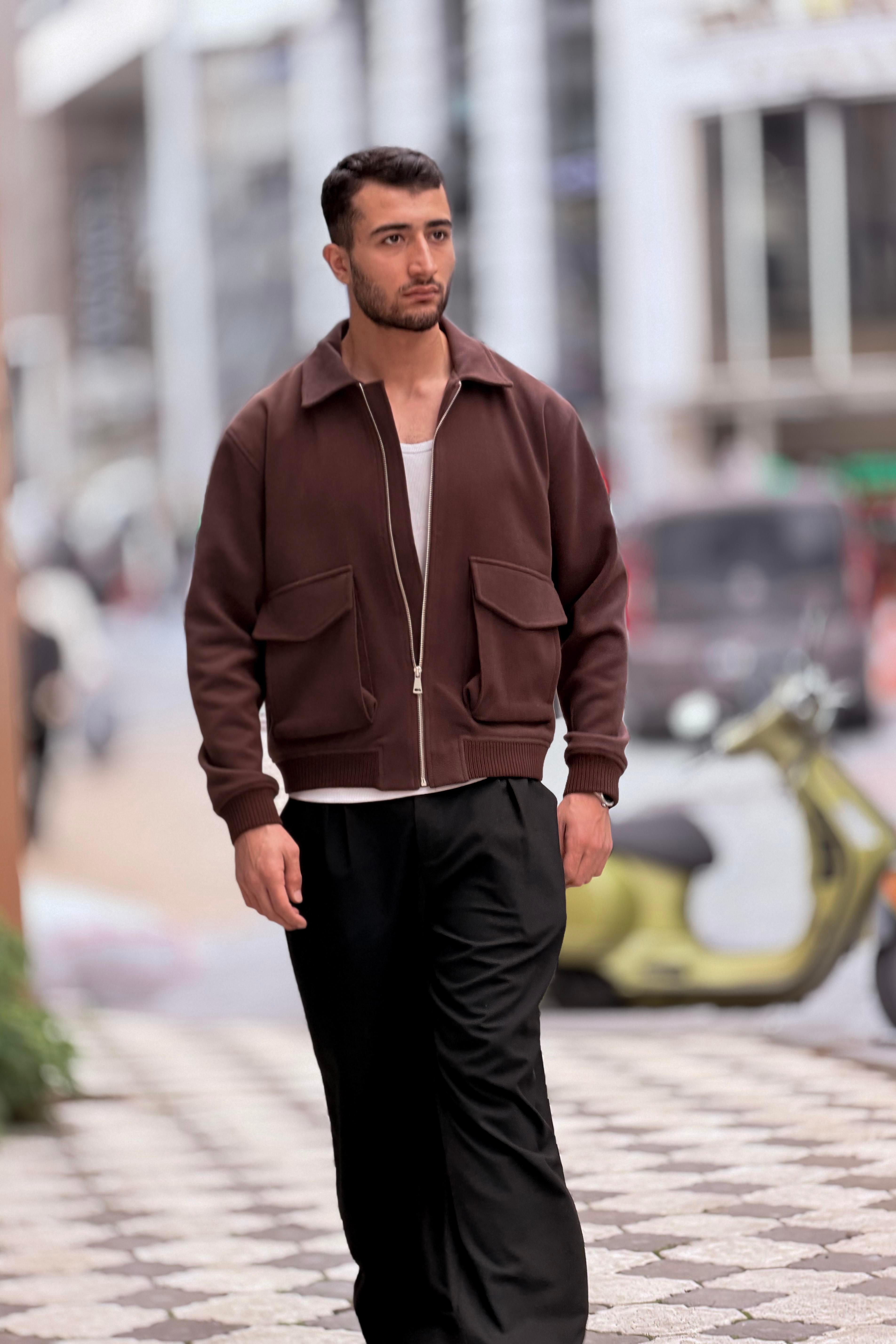 X-2025 Cep Detaylı Fermuarlı Astarlı Kaşe Mont