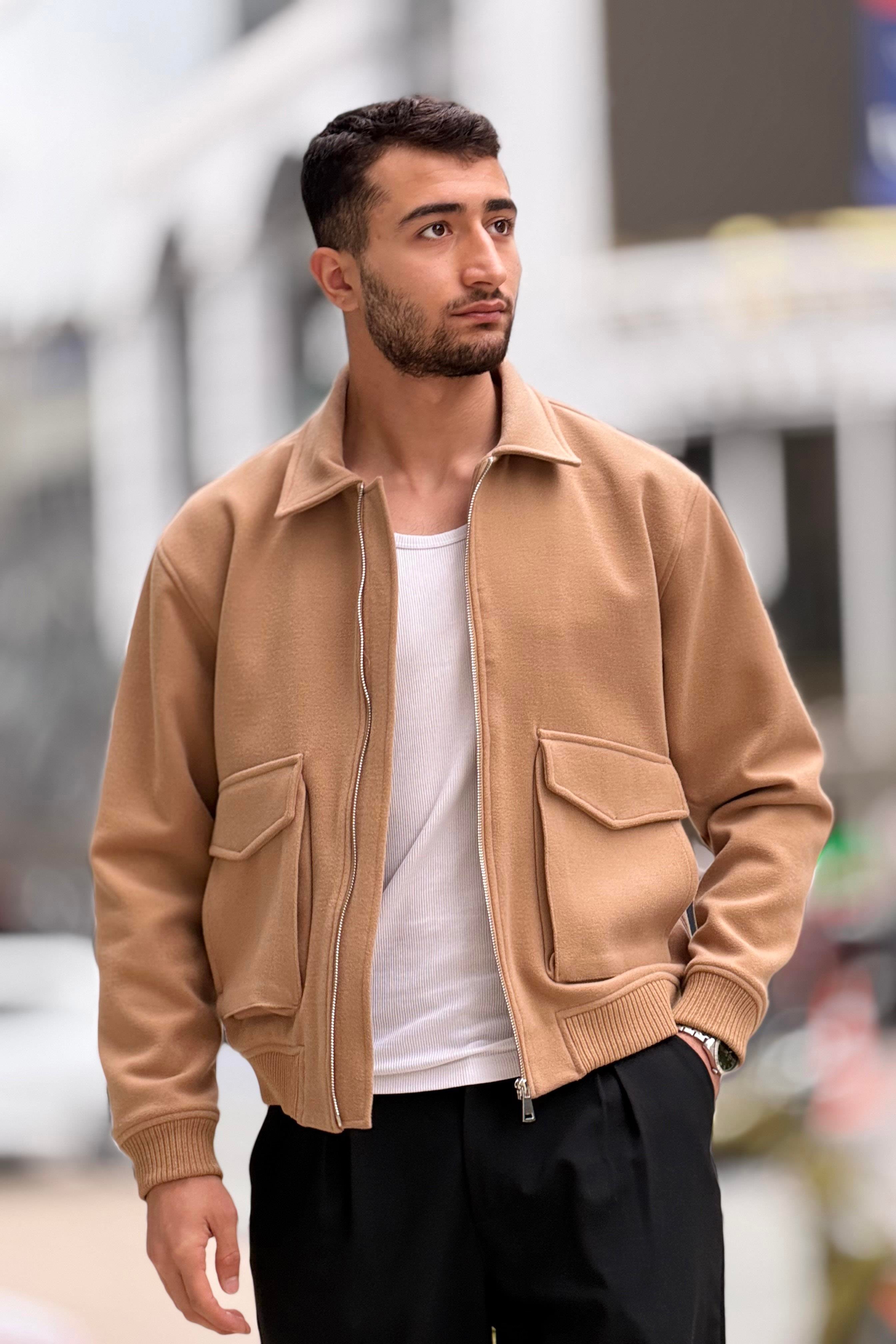 X-2025 Cep Detaylı Fermuarlı Astarlı Kaşe Mont