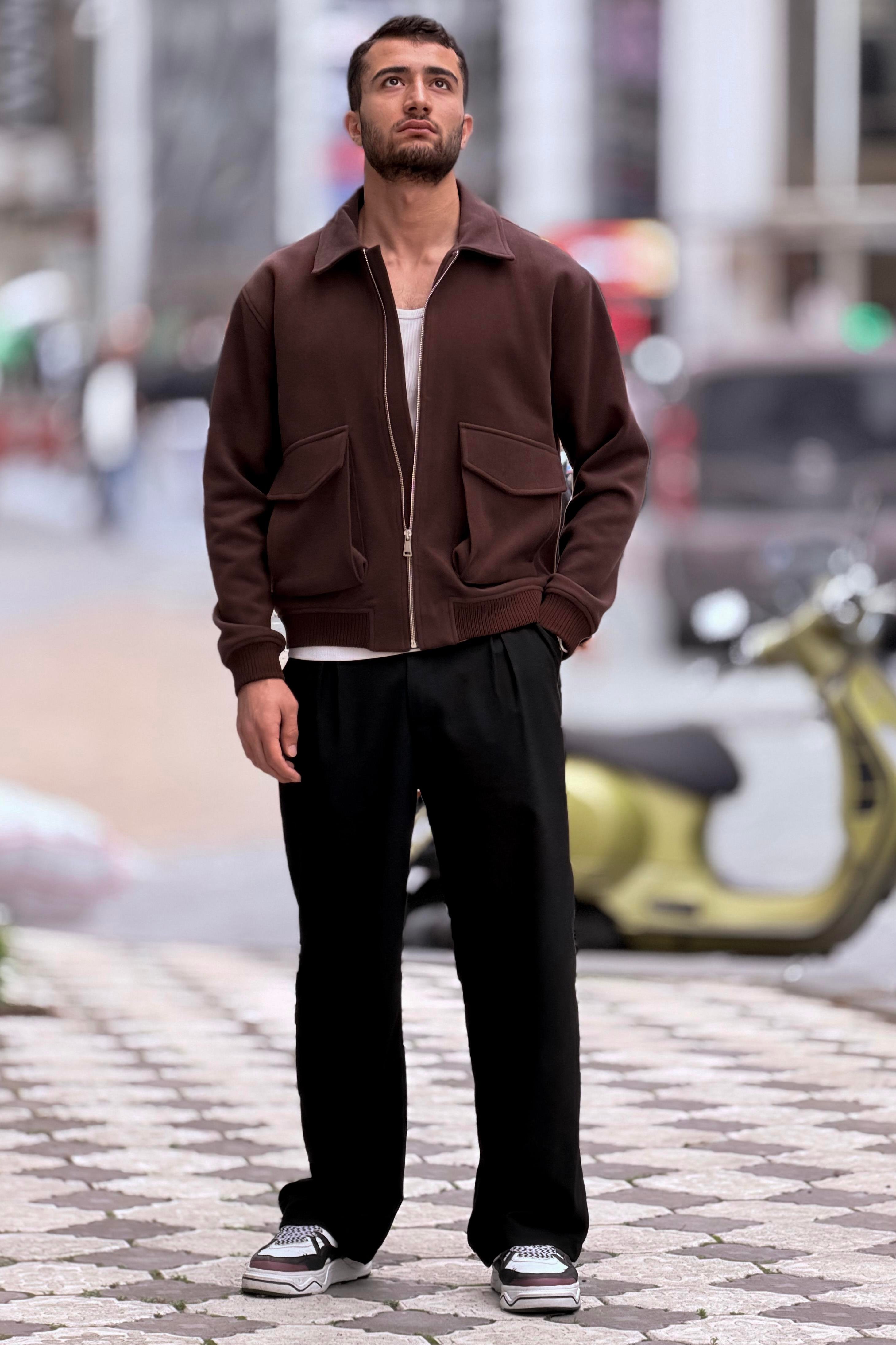 X-2025 Cep Detaylı Fermuarlı Astarlı Kaşe Mont