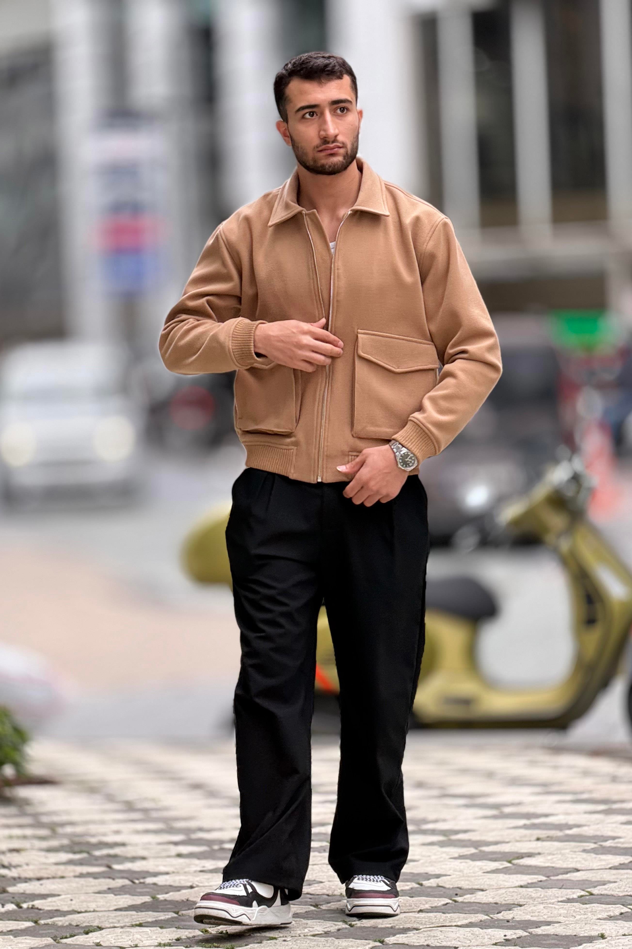 X-2025 Cep Detaylı Fermuarlı Astarlı Kaşe Mont