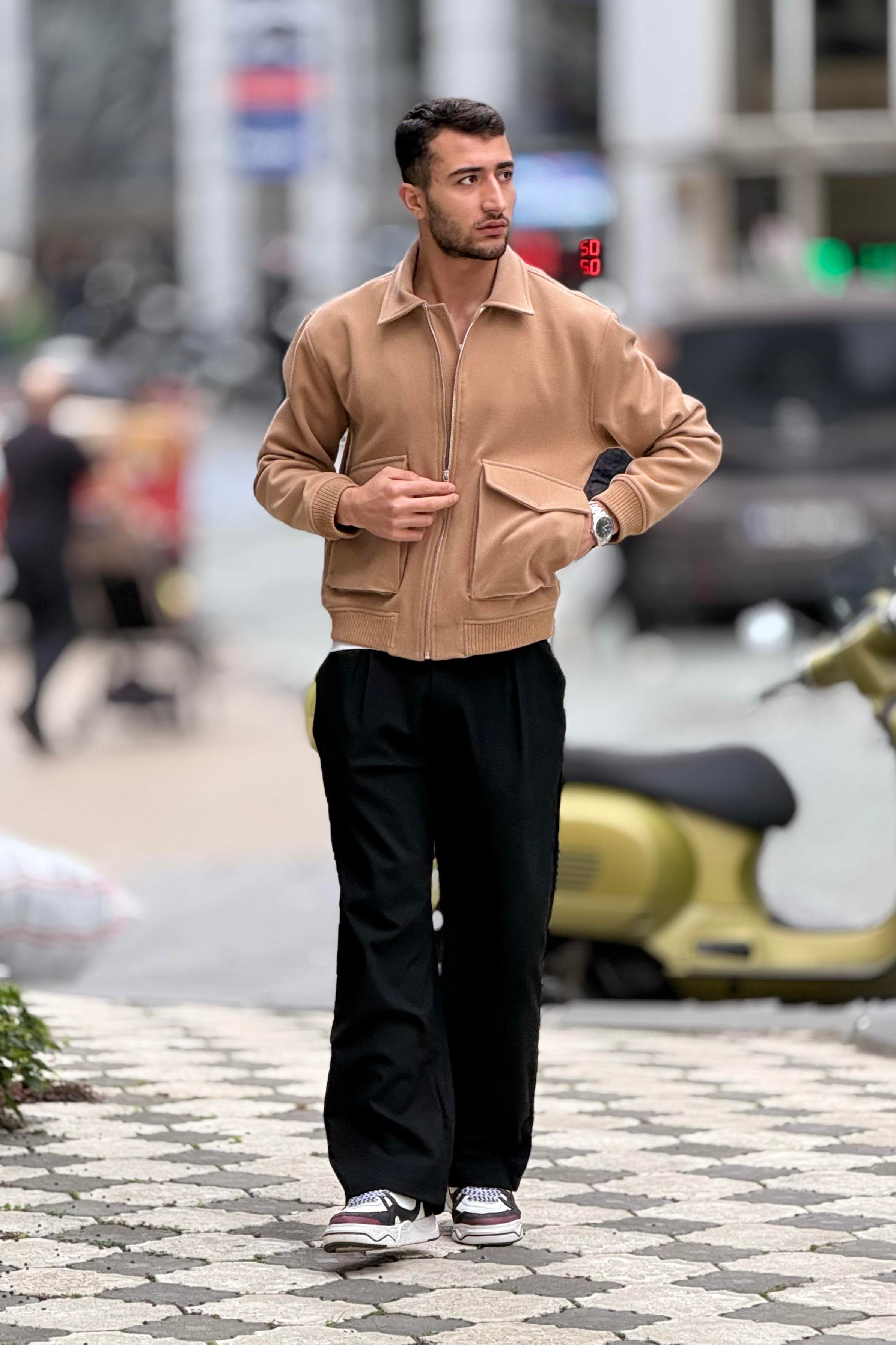 X-2025 Cep Detaylı Fermuarlı Astarlı Kaşe Mont