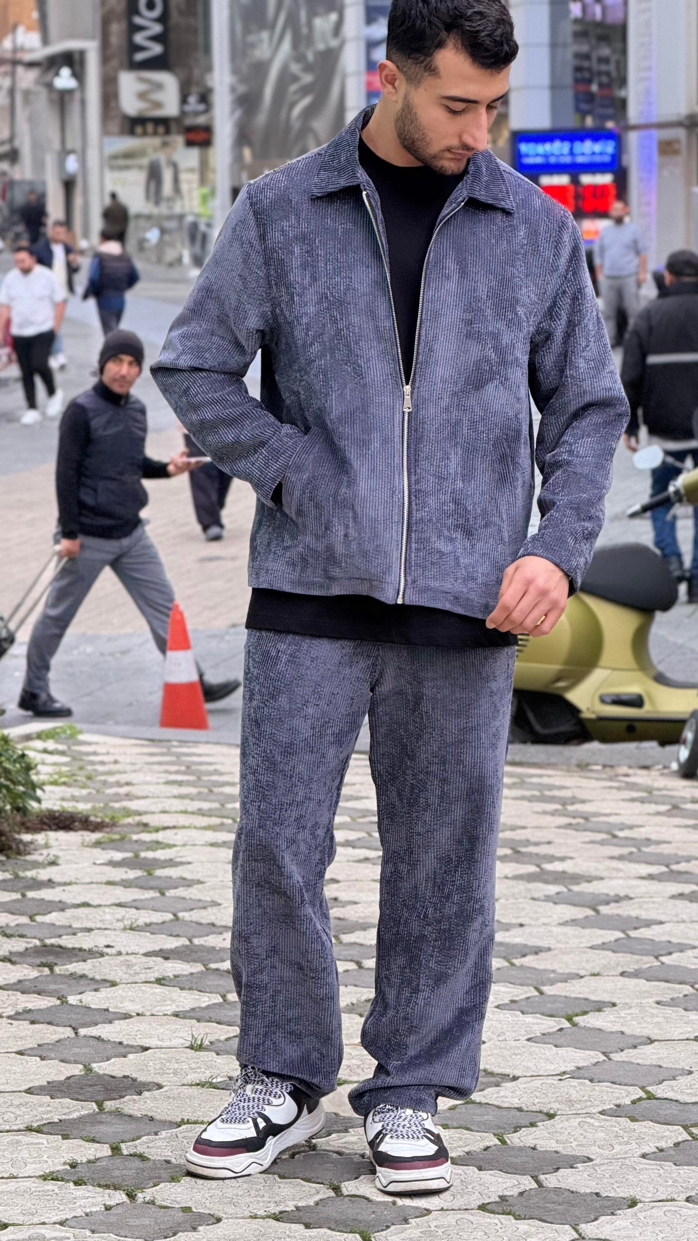 X-3002 Fermurlı Astarlı Ceket Bel Lastikli Pantolon Fitilli Kadife Takım