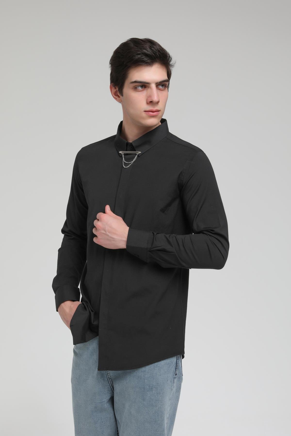 YAKA ZİNCİRLİ POPLİN GÖMLEK R-1377