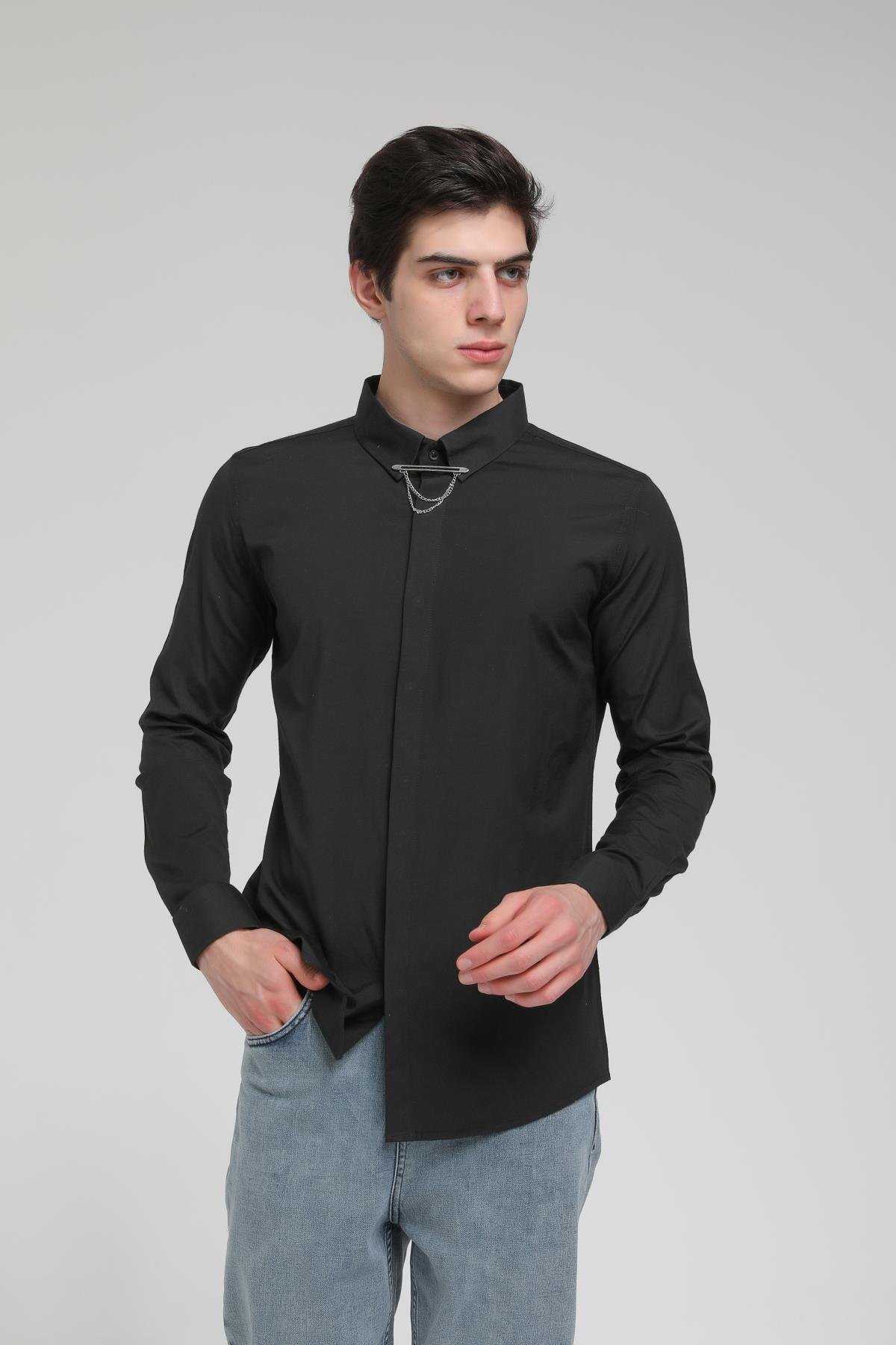 YAKA ZİNCİRLİ POPLİN GÖMLEK R-1377