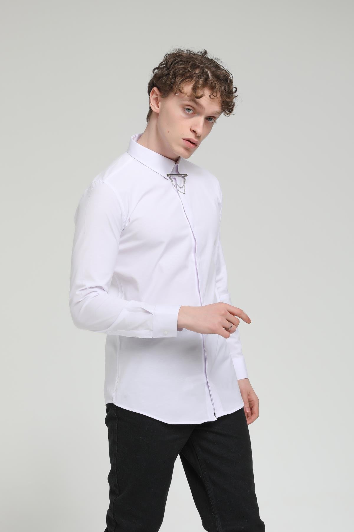 YAKA ZİNCİRLİ POPLİN GÖMLEK R-1377