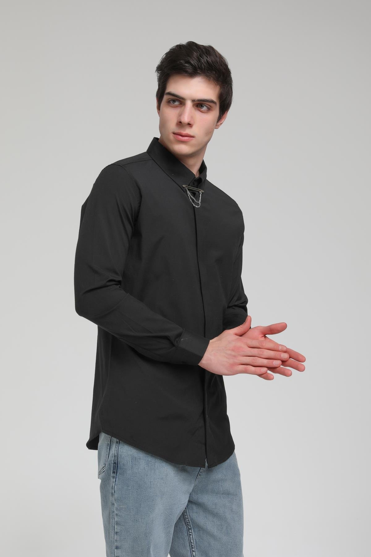 YAKA ZİNCİRLİ POPLİN GÖMLEK R-1377