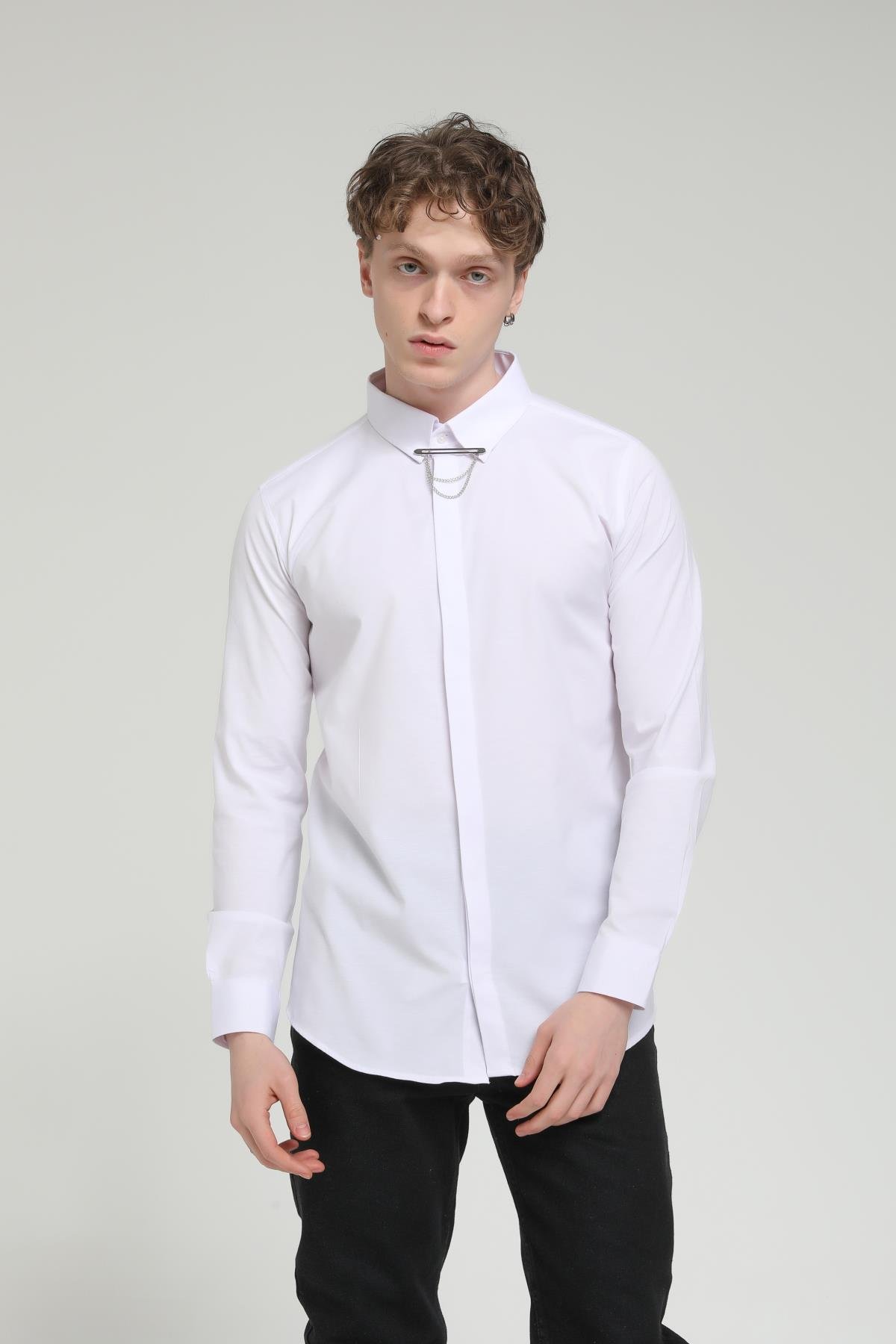 YAKA ZİNCİRLİ POPLİN GÖMLEK R-1377