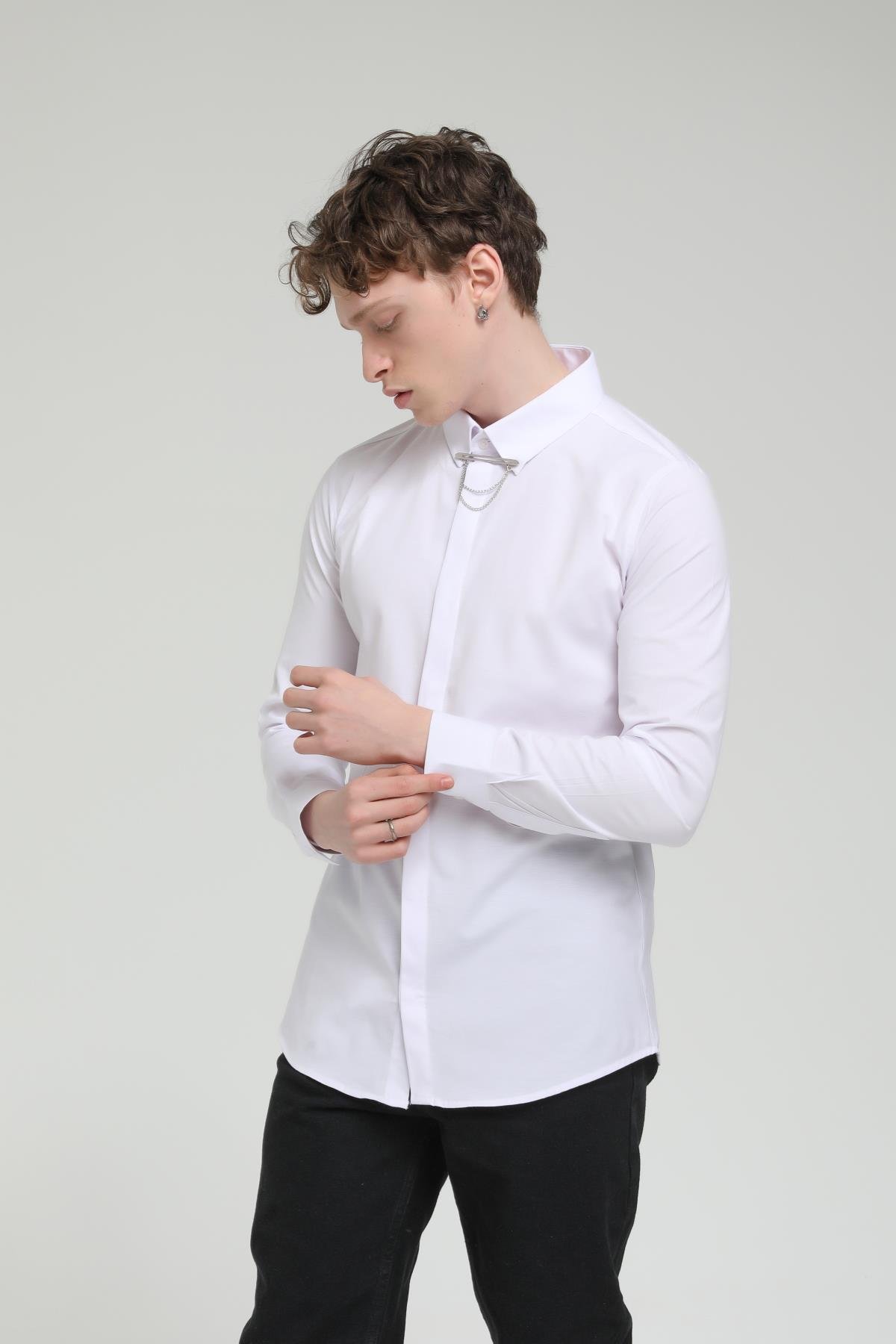 YAKA ZİNCİRLİ POPLİN GÖMLEK R-1377