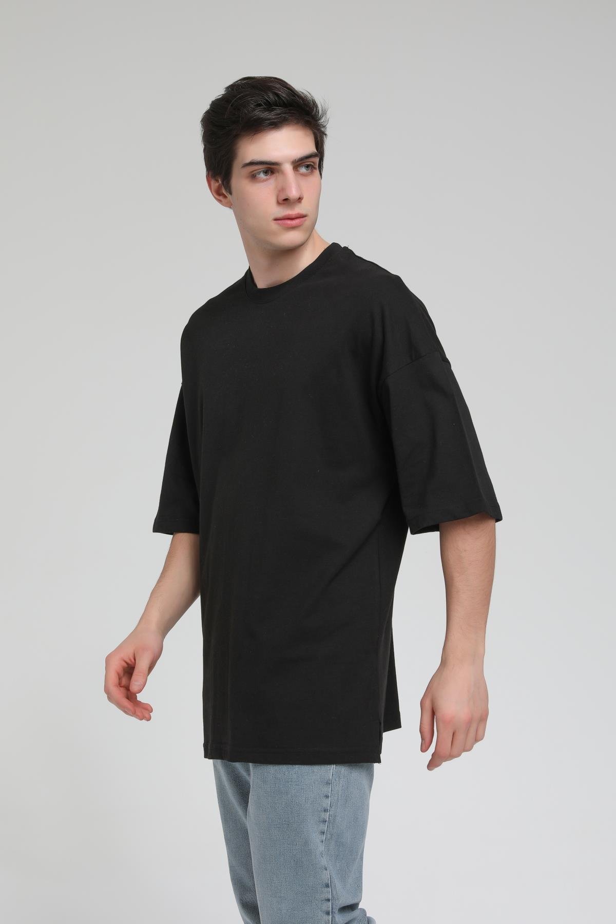 Yan Yırtmaç Detaylı Oversize Basic T-shirt  R-5543