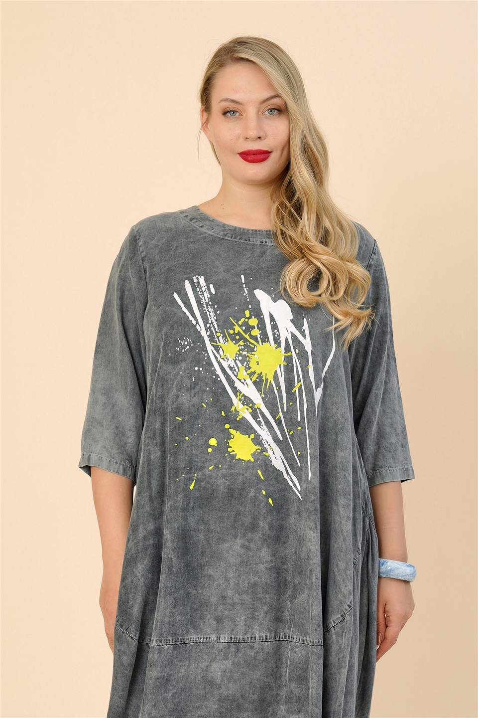 25163 % 100 TENCEL JEAN BASKILI ELBİSE