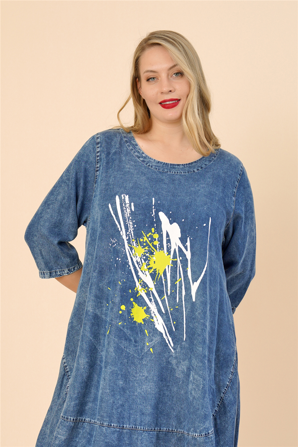 25163 % 100 TENCEL JEAN BASKILI ELBİSE