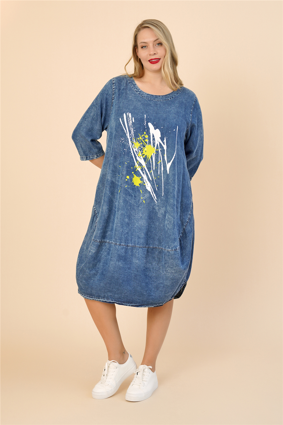 25163 % 100 TENCEL JEAN BASKILI ELBİSE
