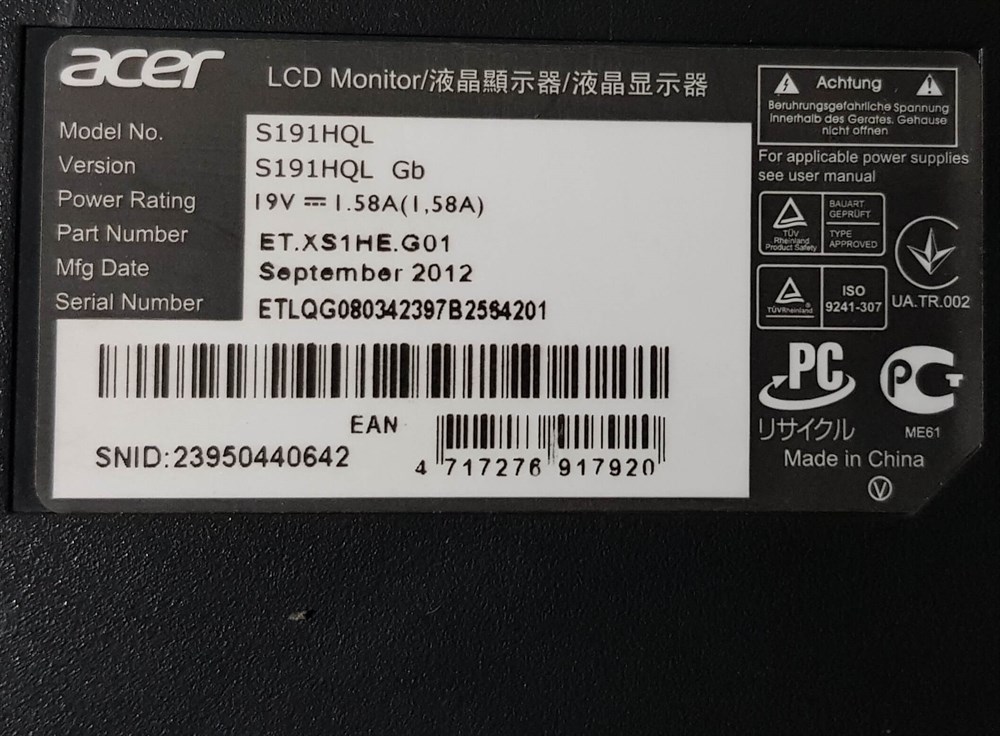 ACER S191HQL 18.5 inç LED MONİTÖRÜN VGA GÖRÜNTÜ KARTI ANAKARTI 715G5280-M01-000-004I