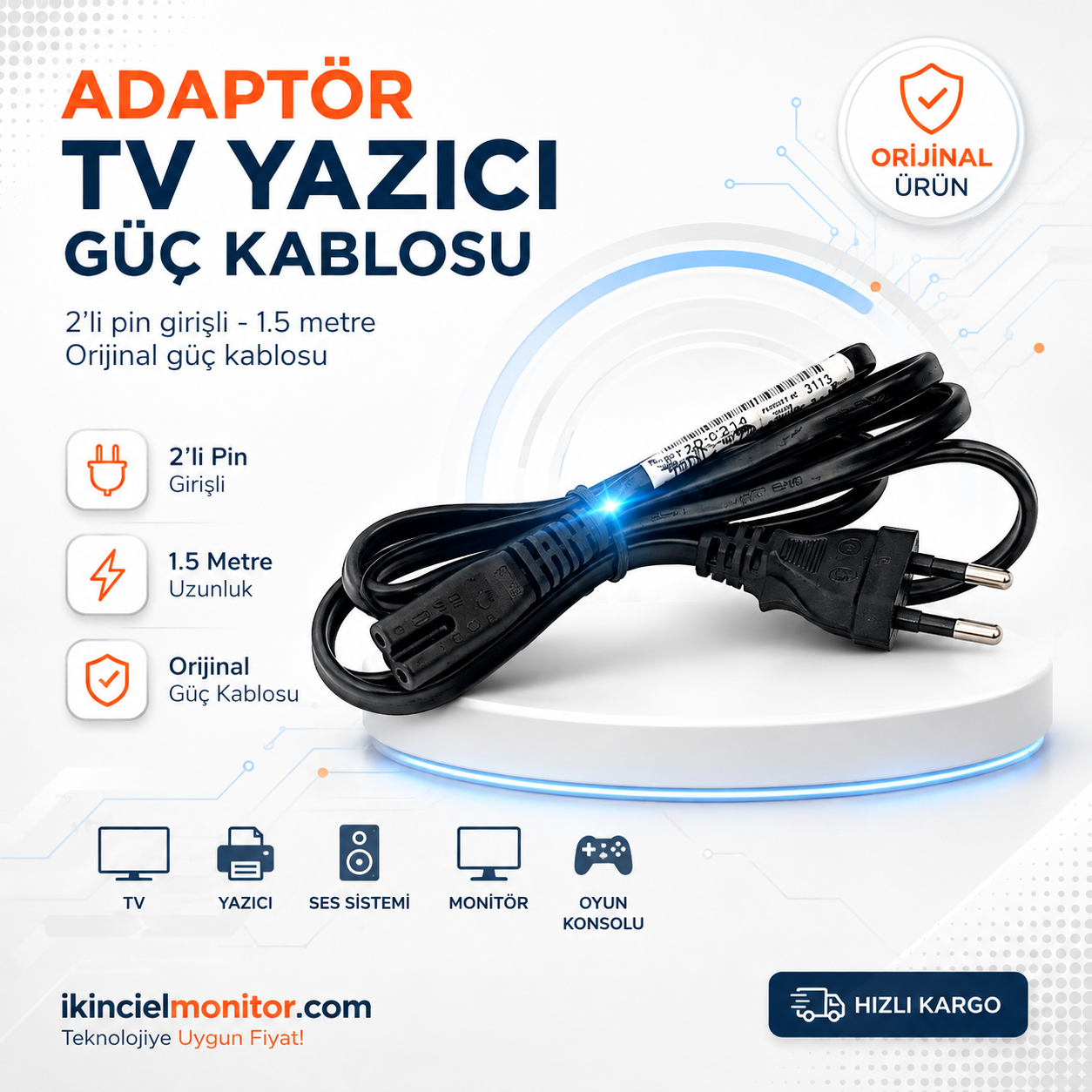 Adaptör Tv Yazıcı Power Güç Kablosu 2'li 1.5 metre