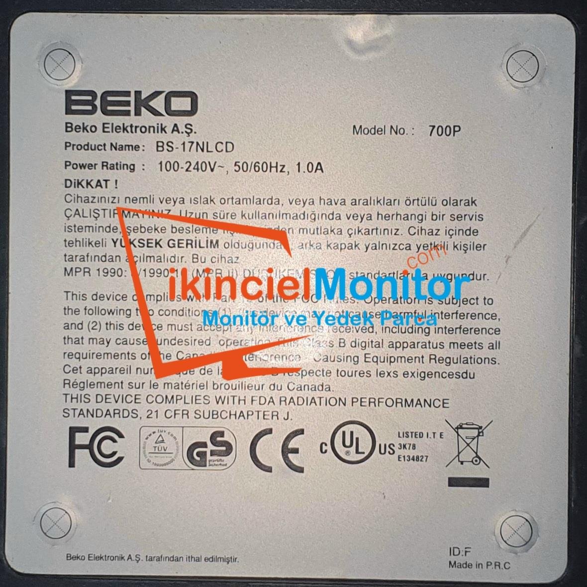 BEKO BS-17NLCD 700P 17 inç LCD KARE MONİTÖRÜN DAHİLİ VGA KABLOSU
