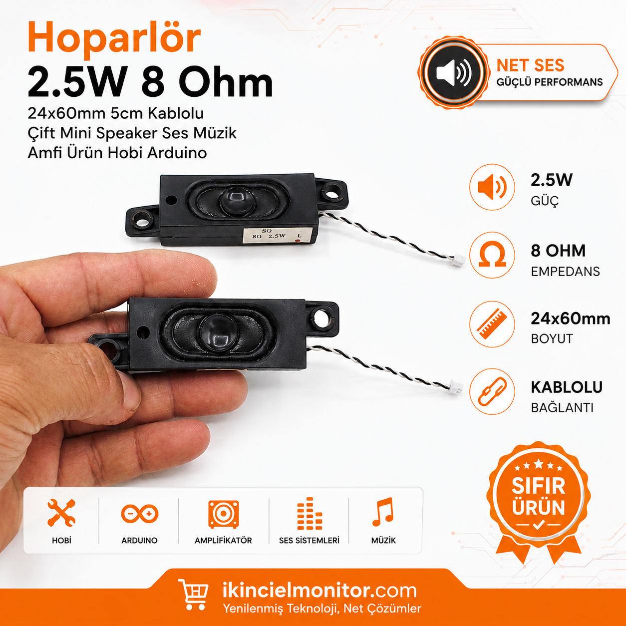 Hoparlör 2.5W 8 Ohm 24x60mm 5cm Kablolu Çift Mini Hobi arduino