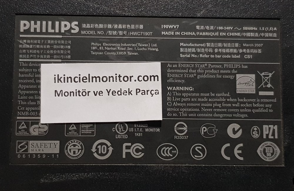 PHİLİPS 190WV7 19 inç LCD MONİTÖR POWER BESLEME KARTI GÜÇ KARTI 715G1899-1-PHI