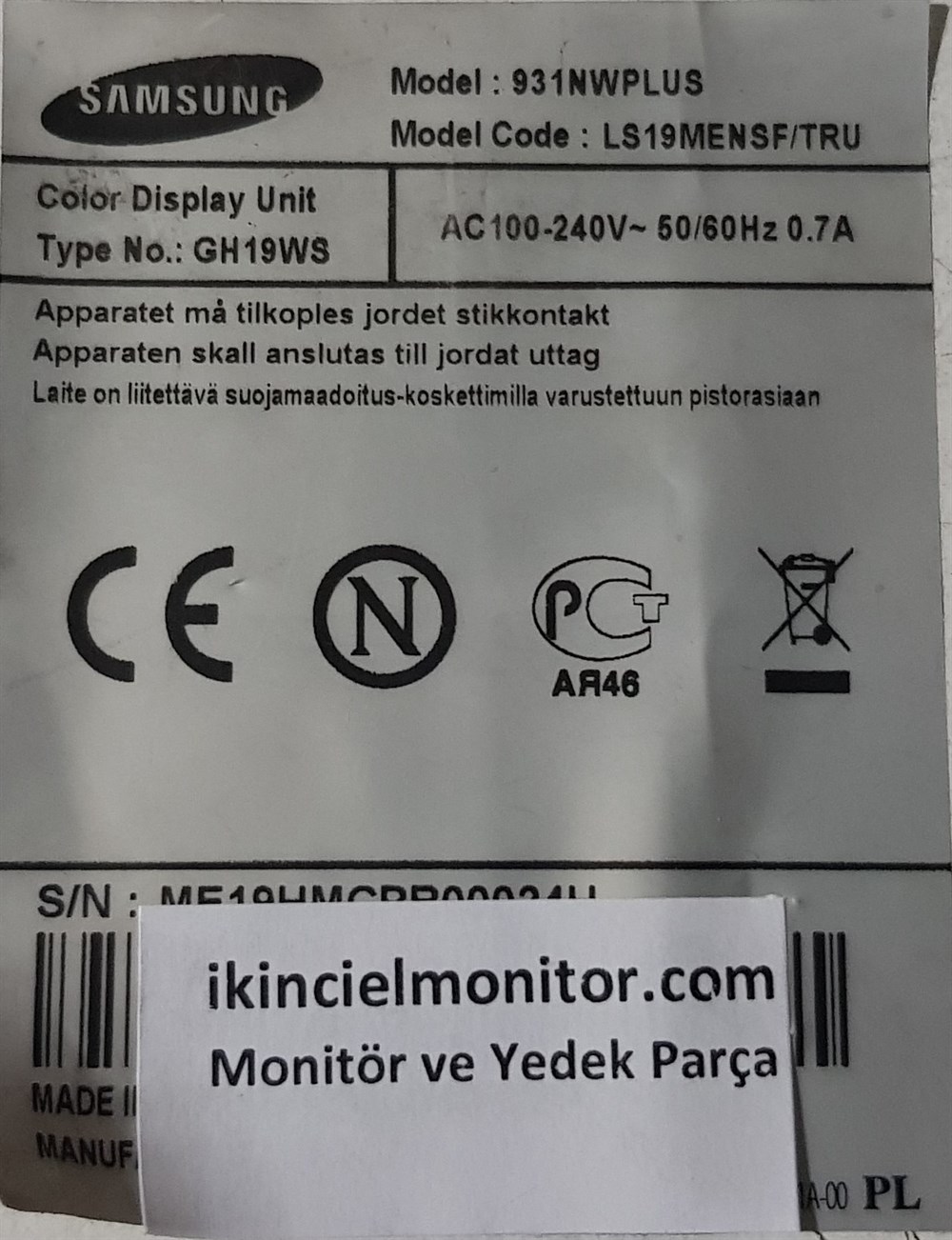 SAMSUNG 931NWPLUS 19 inç LCD MONİTÖR VGA GÖRÜNTÜ KARTI ANAKART BN41-00816A BN91-01715Y