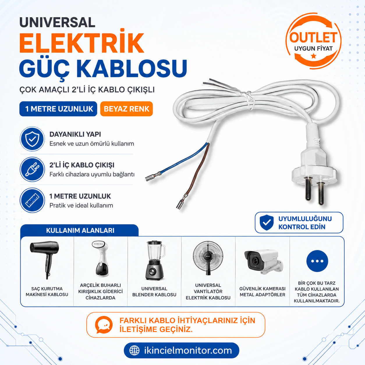 Universal Elektrik Kablosu 2 Pinli 1 Mt Beyaz Renk Uygun Fiyat