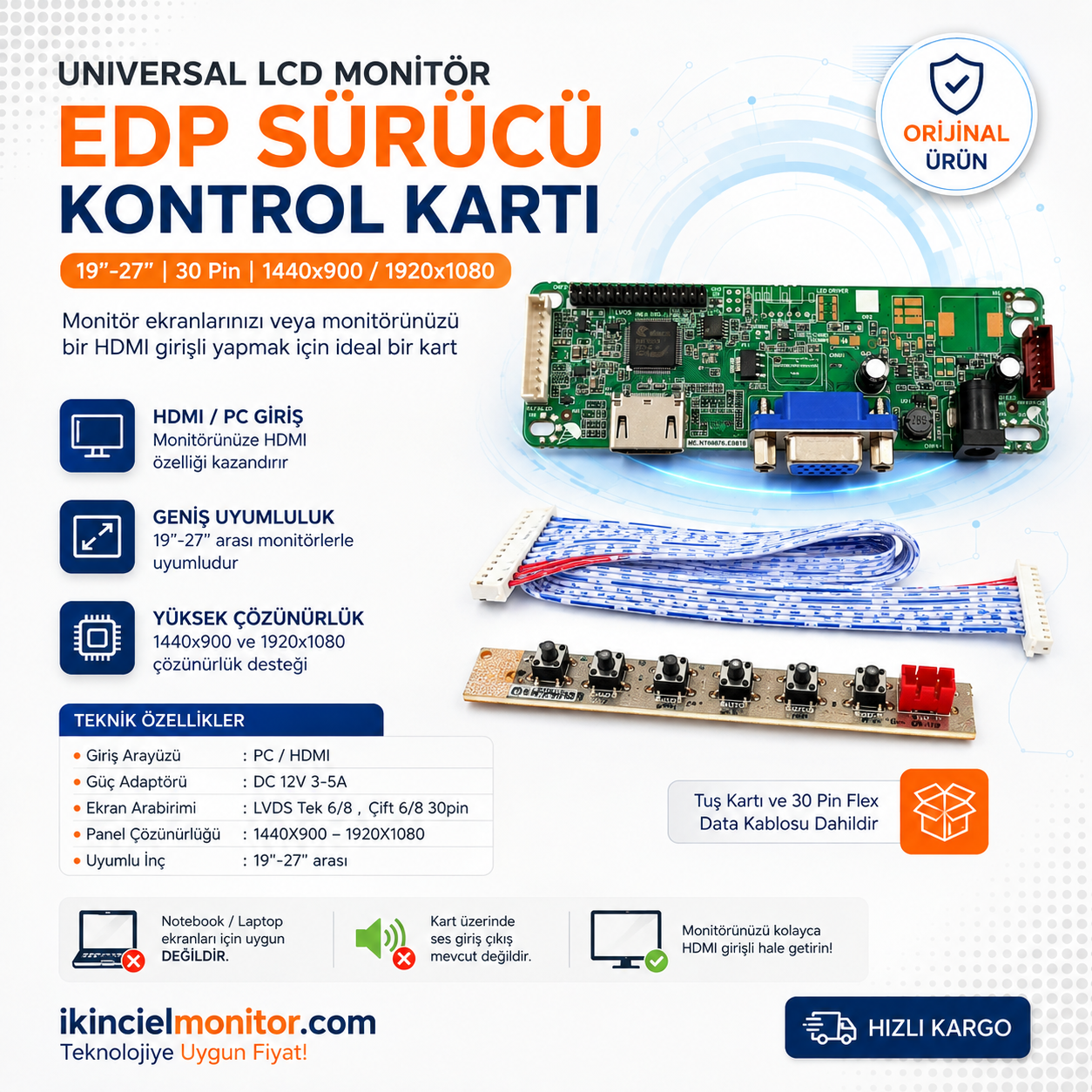 19-27 inç Universal Monitör Kontrol Kartı VGA HDMI 1440x900