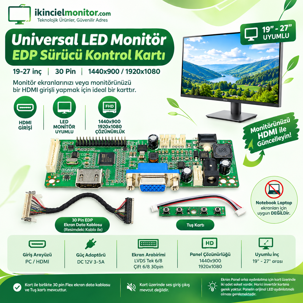 19-27 inç Universal Monitör Kontrol Kartı VGA HDMI