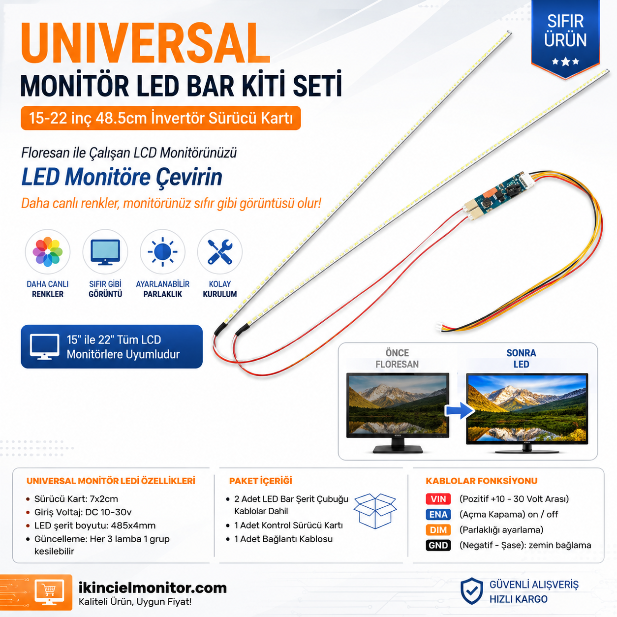 UNİVERSAL MONİTÖR LEDİ Seti + İnvertör Kartı 15 - 22