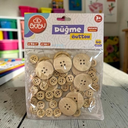 Bubu Ahşap Düğme 1.2/2.5 Cm Karışık 60 Lı Naturel