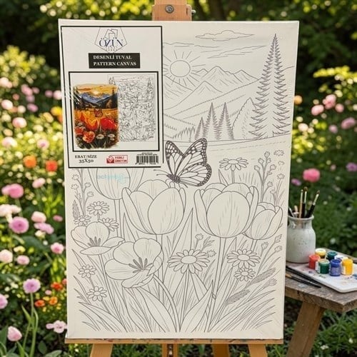 Desenli Tuval Boyama 35x50 Kelebek Ve Laleler