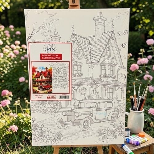Desenli Tuval Boyama 35x50 Kırmızı Şato Ve Araba