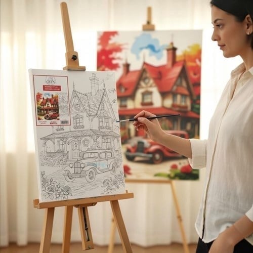 Desenli Tuval Boyama 35x50 Kırmızı Şato Ve Araba