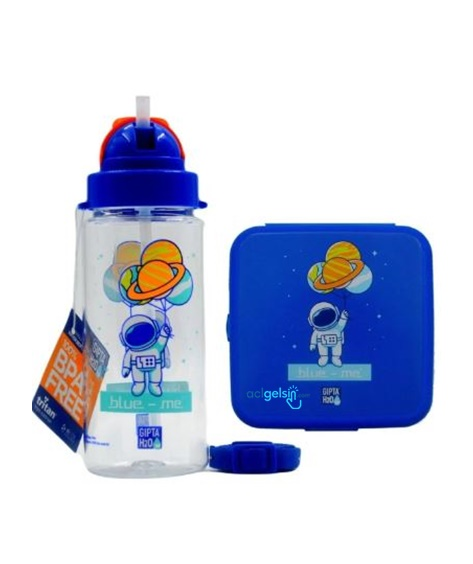 Gıpta Blue-me Tritan Pipetli Matara-desenli Beslenme Kabı Seti