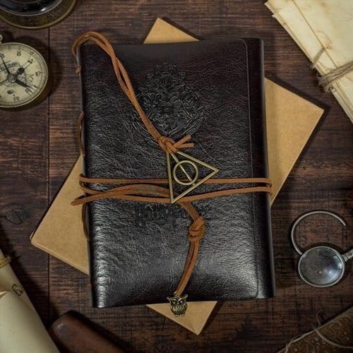 Harry Potter Desenli Deri Kapak Kraft A6 Defter Koyu Kahve