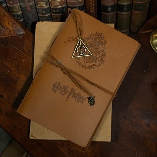 Harry Potter Desenli Deri Kapak Kraft Defter Açık Kahve
