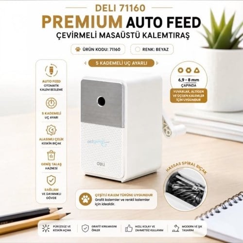 Masa Üstü Premium Kollu Kalemtraş 5 Kademe Uç Ayarlı Beyaz