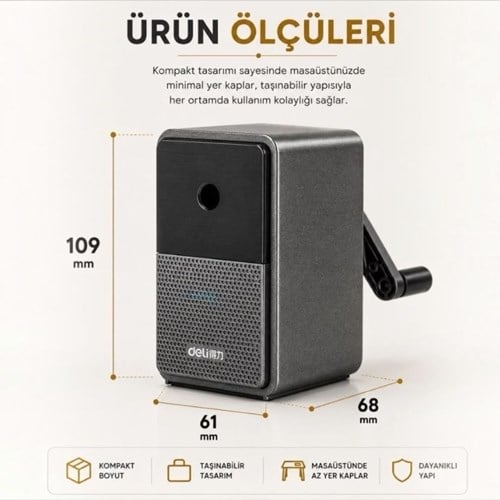 Masa Üstü Premium Kollu Kalemtraş 5 Kademe Uç Ayarlı Siyah