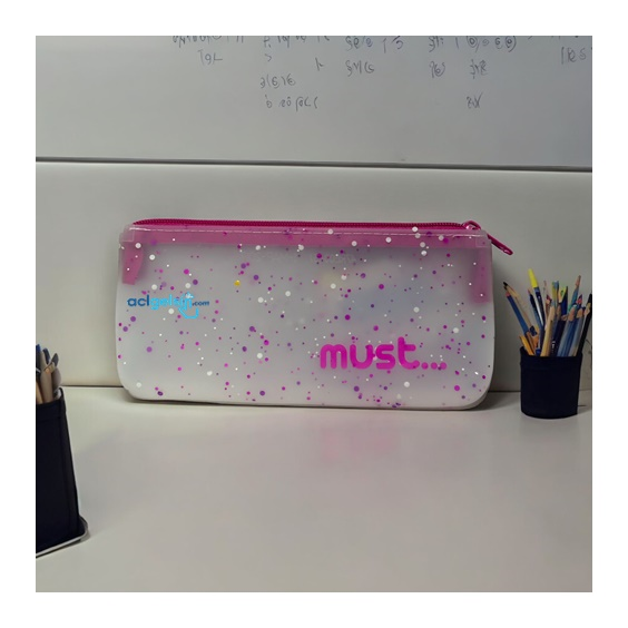 Must Silikon Kalem Çantası Confetti Şeffaf Pastel Renk