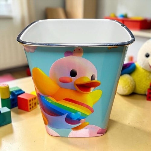 Plastik Çöp Kovası Ördek Desenli Baskılı Kareli