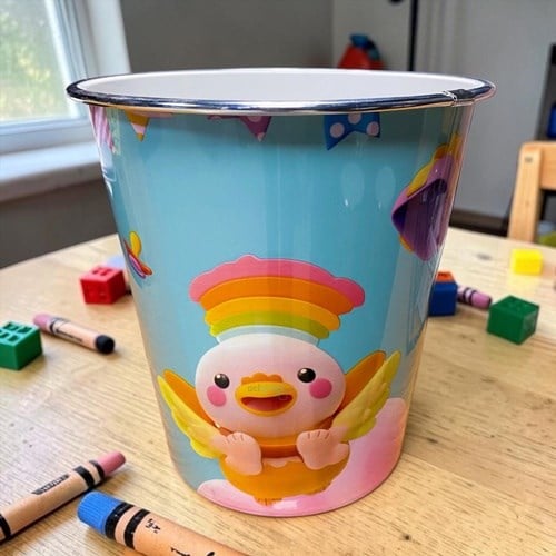 Plastik Çöp Kovası Ördek Desenli Baskılı Yuvarlak