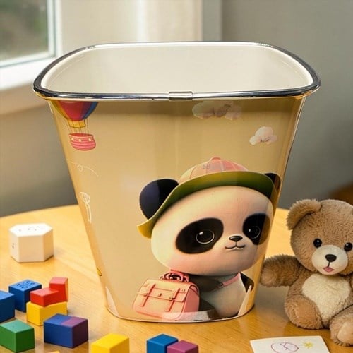 Plastik Çöp Kovası Panda Desenli Baskılı Kareli