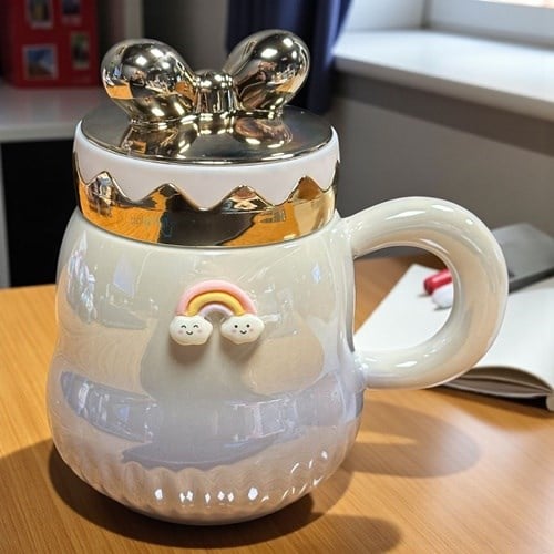 Porselen Kupa Bardak Gold Kulak Kapaklı Şirin Tasarım Mug