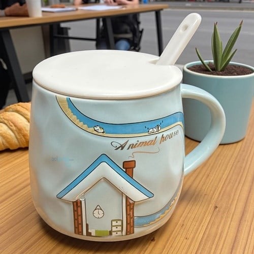 Porselen Kupa Bardak Kaşıklı Şirin Animal Hause Tasarım Mug