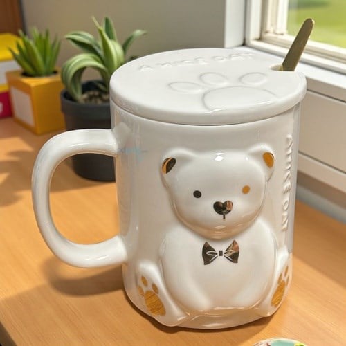 Porselen Kupa Bardak Kaşıklı Şirin Ayıcık Tasarım Mug