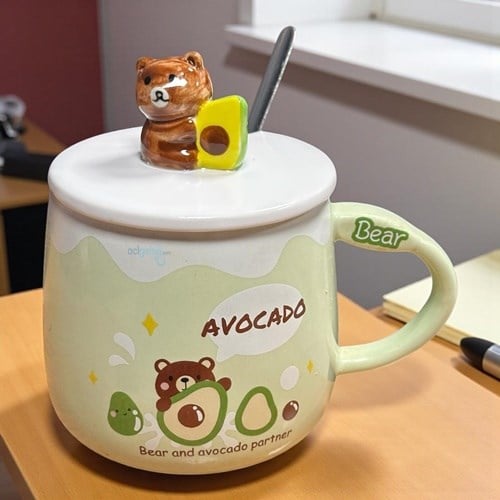 Porselen Kupa Bardak Kaşıklı Şirin Bear Avacado Tasarım Mug