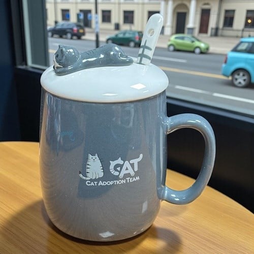 Porselen Kupa Bardak Kaşıklı Şirin Cat Tasarım Mug