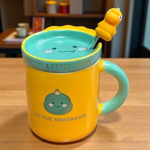 Porselen Kupa Bardak Kaşıklı Şirin Dinosaur Tasarım Mug
