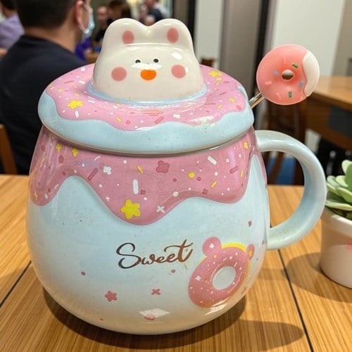 Porselen Kupa Bardak Kaşıklı Şirin Donut Tasarım Mug