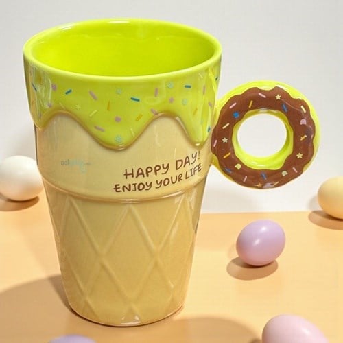 Porselen Kupa Bardak Kaşıklı Şirin Donat Tasarım Mug